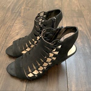 Vince Camuto Eliaz 6.5 Black Silk Goat Caged Heel with Zipper